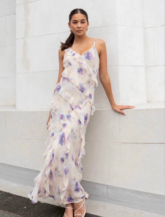 Galore floral bias ruffle slip maxi dress