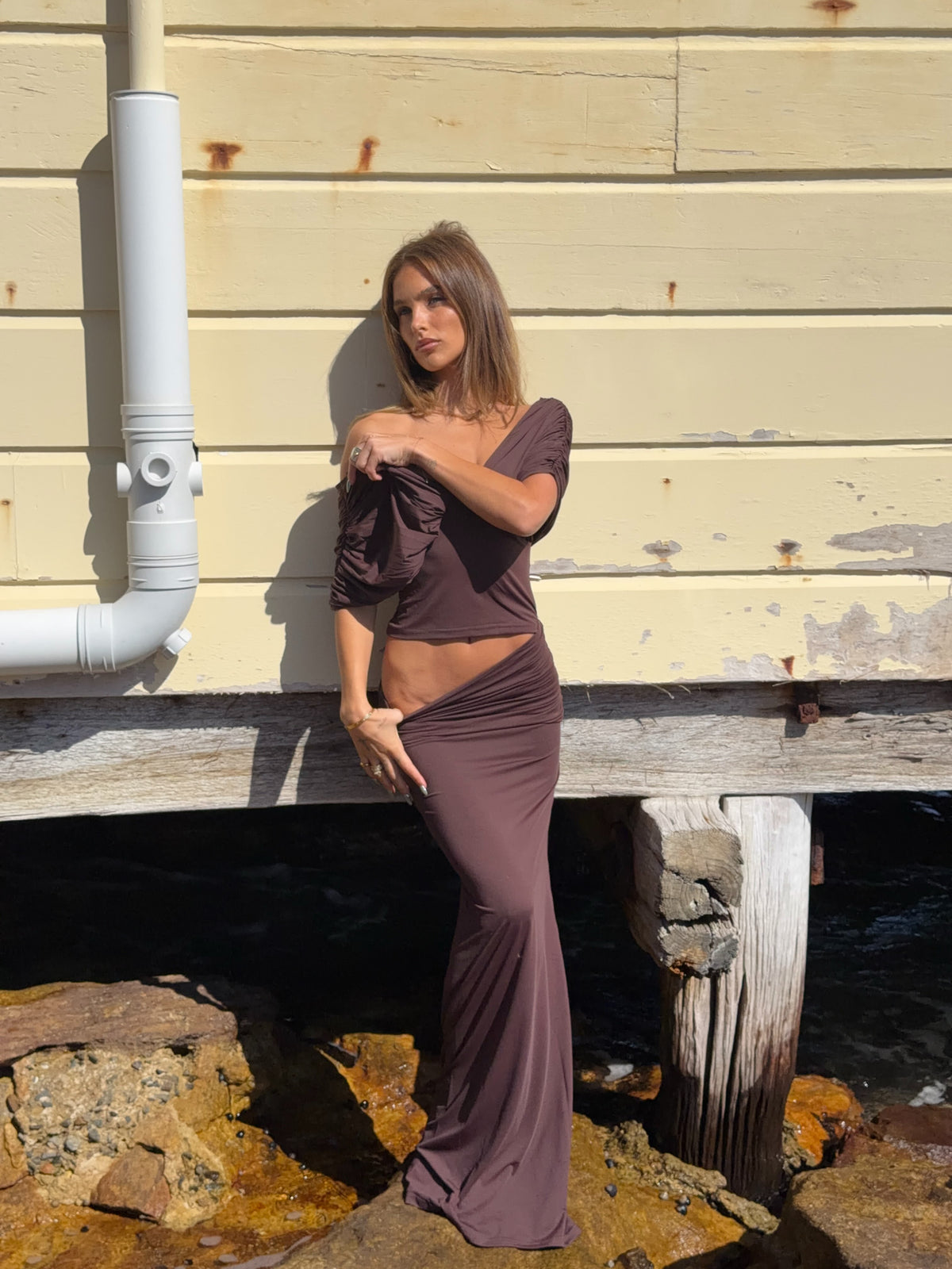I'm Your Girl Off Shoulder Maxi Dress in Chocolate