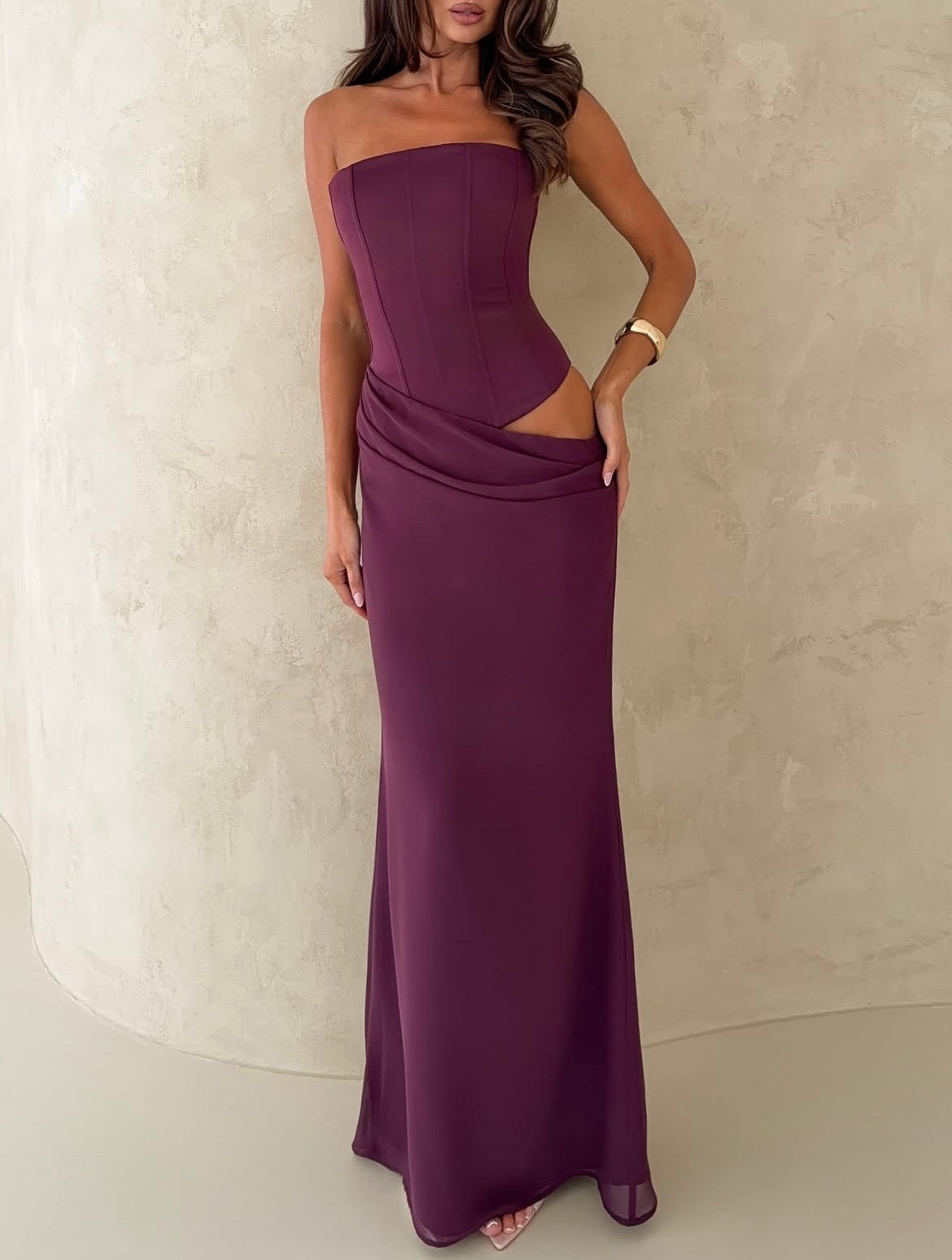 Peach Fizz strapless maxi dress in Dark Cherry