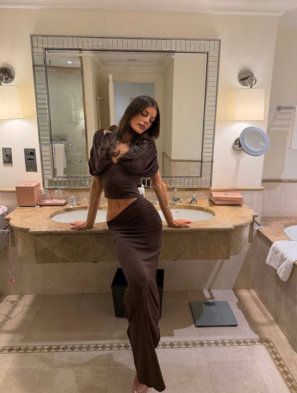 I'm Your Girl Off Shoulder Maxi Dress in Chocolate