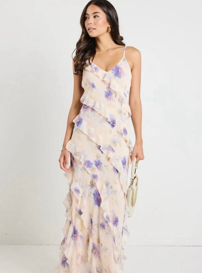 Galore floral bias ruffle slip maxi dress