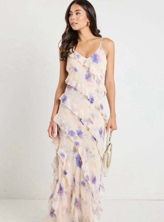 Galore floral bias ruffle slip maxi dress
