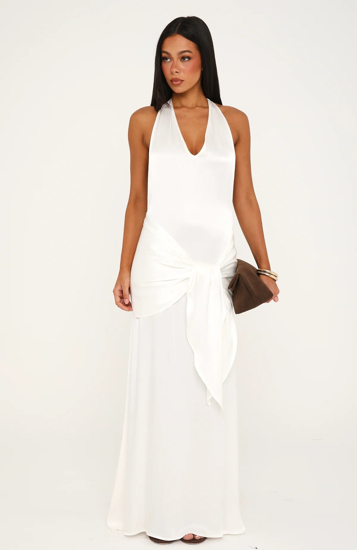 Modern Muse Satin Halter maxi dress in Pearl