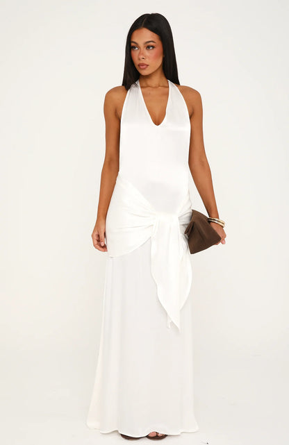 Modern Muse Satin Halter maxi dress in Pearl
