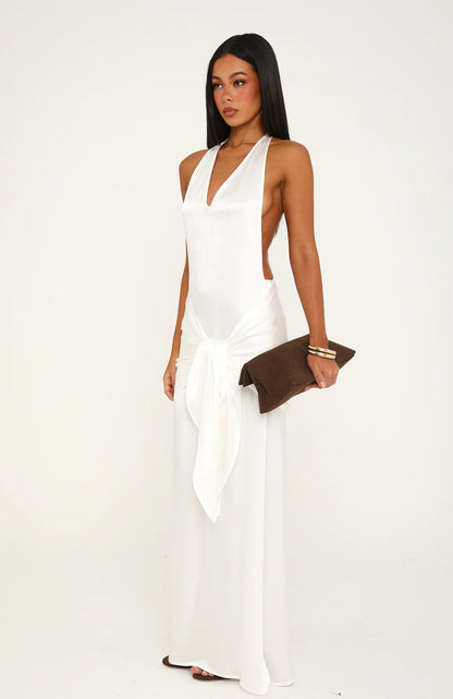 Modern Muse Satin Halter maxi dress in Pearl