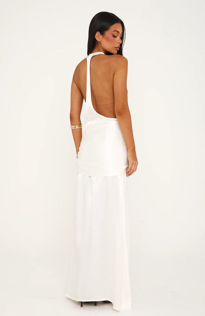 Modern Muse Satin Halter maxi dress in Pearl